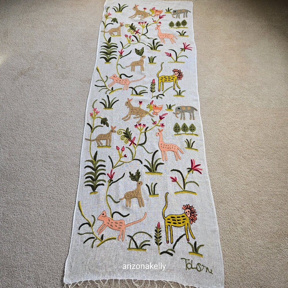 Tolani Linen Scarf Embroidered With Whimsical Animals and Plants - Picture 1 of 11